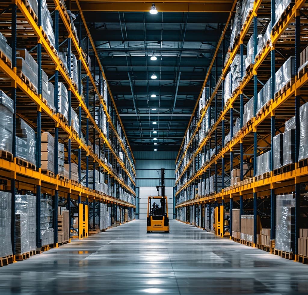 Warehouse with organized inventory aisles